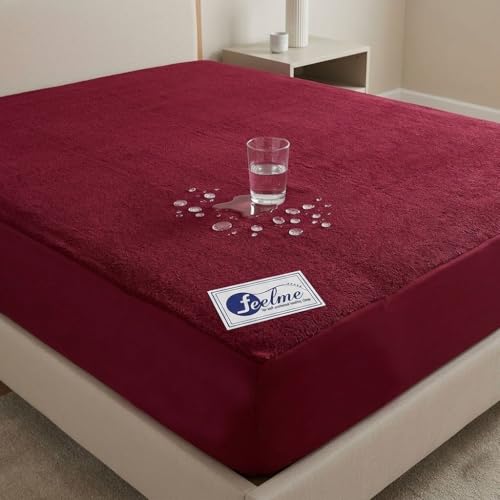 Image of Feelme Mattress Protector King Size Waterproof Mattress Cover for Double Bed Cotton Feel Terry(70x72 Inch / 5.8x6 Feet Maroon) Gadda Cover