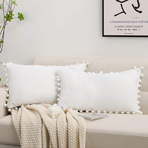 Cawanfly Set Of 2 Decorative Throw Pillow Covers With Cute Pom Pom, Square Soft Cushion Case Home Decor For Couch Sofa Bed 12X20Inch/30X50 Cm (White) #TOP13