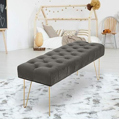 INMOZATA Ottoman Bench with hairpin legs Button Tufted Bed End Stool Velvet Pouffe Window Seat Sofa Bench for Living Room Bedroom Hallway Grey