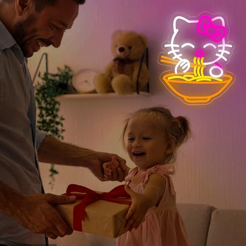 Image of Ramen Cat Neon Sign for Wall Decor Cute Dimmable Neon Light for Bedroom Living Room Kitchen Bar Man Cave Cartoon LED Light Cat Noodle Decor Gift for Cat Lovers Anime Fans Home Party Lighting Size 11.2*13.7(CP011)