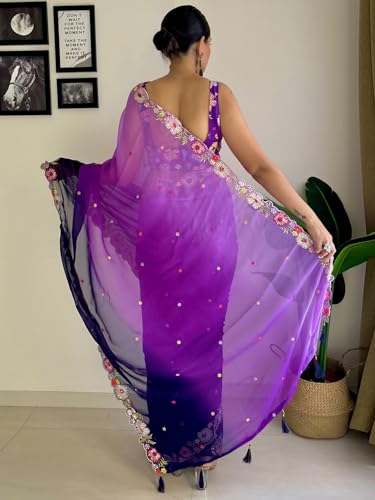 Image of AKHILAM Women's Multicolor Georgette Embroidered Saree with Unstitched Blouse Piece(KESARI7801 KR Parent)