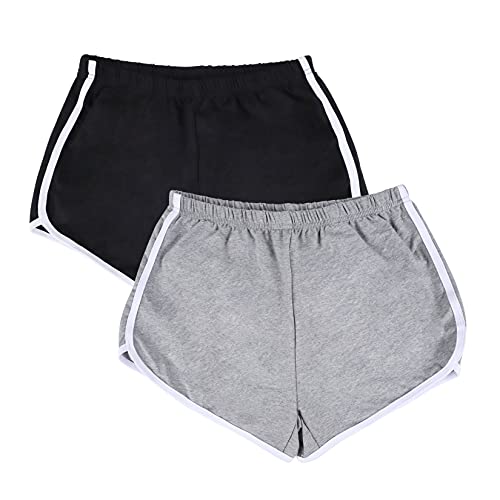 eQFeast 2Pack Womenâs Cotton Workout Shorts Yoga Dance Short Pants Summer Running Athletic Sport Shorts Elastic Waist (Black + Light Gray, Small)