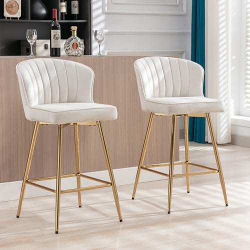 Shunzhi Modern Counter Height Bar Stools Set of 2 White Velvet Bar Stools with Gold Legs/Shell Back, Upholstered Counter Stools 26'' Barstools Bar Chairs for Kitchen Island/Home Bar/Pub, Beige