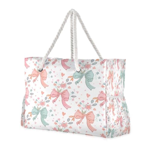 Cute Bow Tie Beach Tote Bag for Women Large Pool Bags Carry On Bag With Wet Compartment for Beach Travel with Pocket Zipper Outdoor Tote Bag