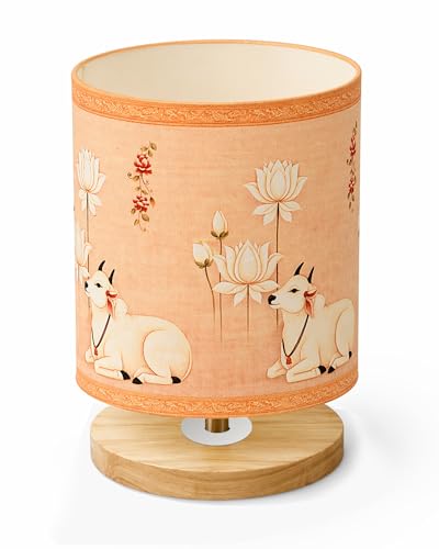 Image of Homesake Pine Table Lamp Wooden Bedside Lamp Simple Bedroom Light Linen Shade Mini Desk Lamp Nightstand Lamp for Bedroom, Living Room, Gift, (Pichwai Art of India Shade Cylinder)