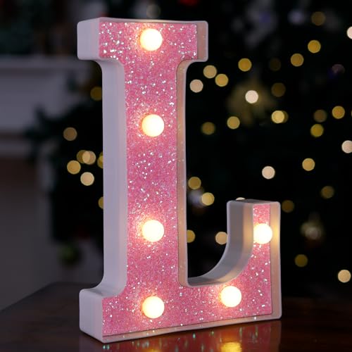 Image of LED Letter Lights Pink Glitter Marquee Letters Light Up Alphabet Letters Sign Battery Powered for Home Party Decoration Night Bar Wedding Birthday Christmas Lamp Girls Gift - Letter L