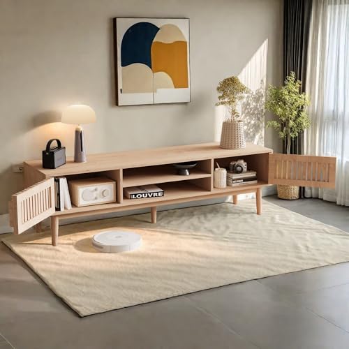 PerGar Mueble para TV de hasta 65 pulgadas, mueble de madera con 2 puertas y estantes, mesa de TV con patas de apoyo, diseño moderno, 150 x 40 x 48 cm, color madera natural