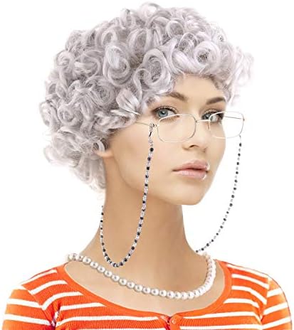 Feacole Old Lady Costume Set-Grandmother Wig,Wig Caps, Madea Granny Glasses, Eyeglass Retainer Chain,Pearl Necklace(5 Pieces)