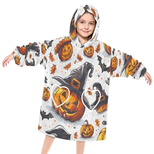 Wearable Blanket Hoodie for Kids, Cute pumpkin head Fleece Sweatshirt Blanket Witch hat pumpkin head Oversized Blanket Sweatshirt with Pocket Flannel Warm Hooded Blanket 6-10 Year Old Girl Boy Gift