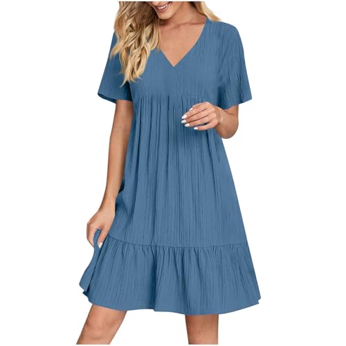 KOG Sommerkleider Damen Sommerkleid Casual Basic Blusen Kleid Einfarbig Frau Mode Tunika Kleid Kurz Kleider Baumwolle Lange Elegante Abendkleider für...