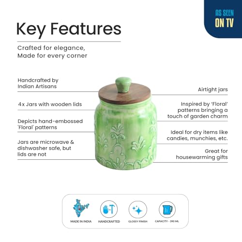 Image of ExclusiveLane 'Green Keepers' Airtight Ceramic Jars for Kitchen Storage (Set of 4, Each Jar Capacity : 390 ml, 13.5 Cm) | Ceramic Jar with Wooden Lid Salt Jars Multi-Utility Snacks Jars & Containers