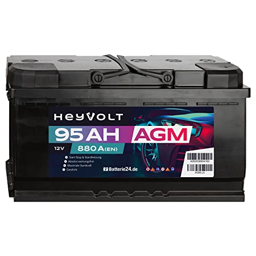 HeyVolt AGM Autobatterie 12V 95Ah 880A/EN Starterbatterie, Start-Stop & Standheizung geeignet, absolut wartungsfrei