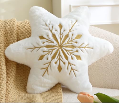 Volple Snowflake Decorative Throw Pillow White Plush Star Cushion with Gold Embroidery Soft Winter Christmas Accent Pillow for Couch Sofa Bedroom & Holiday Dcor