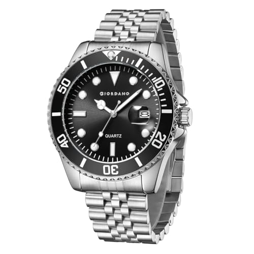 Image of GIORDANO Analog Quartz Watch for Men - Round Dial with Rotating Bezel, Luminous Hour Markers, Stainless Steel Strap & Date Display