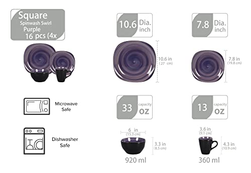 Homevss, Stoneware Square 16Pc Dinnerware Set, Inside Spinwash Swirl Purple + Outside Black #TOP1