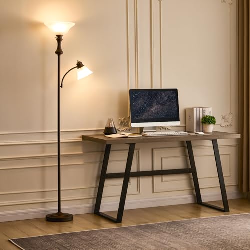 Image of Torchiere Floor Lamp, Adjustable Angle Reading Lamp-Red Brown 71IN | Standing Lamp for Bedroom with Glass Shade, Tall Floor Lamp for Living Room Decor, Office, Corner, Knob Switch, Bulb Included