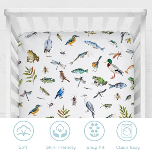Image of Wildlife Pond Baby Crib Sheets 52''x28'' Wild Animals Frogs Duck Fish Bird Weeds Snug Fitted Crib Mattress Cover for Boy Girl Fishing Hunting Soft Nursery Bed Sheet for Standard Crib Toddler Mattress