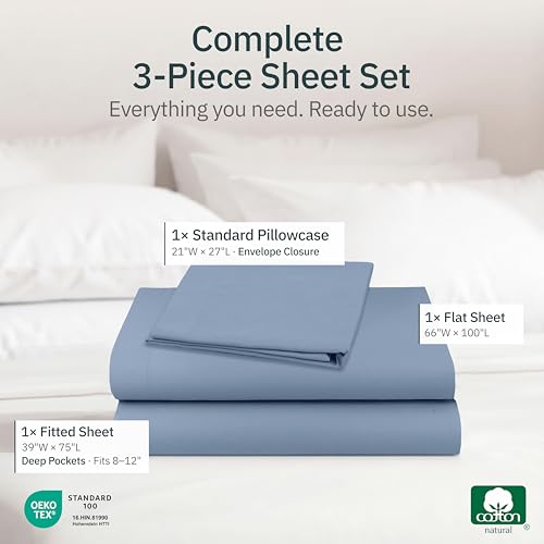 Image of Super Soft 100% Cotton Twin Sheets Set, 3 Pc Set, Blue Hydrangea | Lightweight & Breathable For Hot Sleepers, All-Around Elastic, Durable, Easy Care, OekoTex Certified