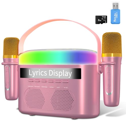 Karaoke Machine for Kids Adults with Lyrics Display, Mini Portable Bluetooth Dual Speaker with 2 Wireless Microphones, Birthday Gifts for Girls Boys, 7 Modes Night Lights, White Noise, 8G Card Reader
