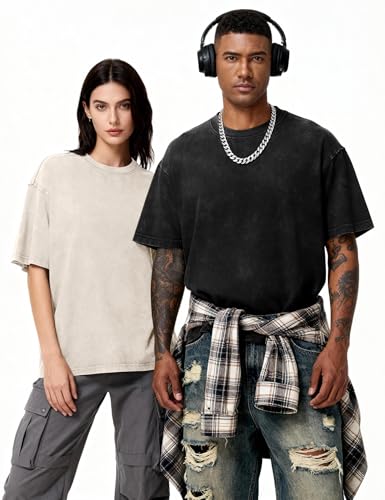 Image of Eiscntd Men's Oversized T-Shirts Heavyweight Cotton Vintage Washed Loose Fit Unisex Baggy Tee Shirts