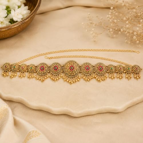 Image of VAMA FASHIONS Adjustable 18K Gold Plated Anti Tarnish Antique Vaddanam Kamarbandh Belly Chain Bridal Saree Waist Hip Belt Round Floral Ruby Green Stone Beads Drops South Indian Temple Jewelry for Women