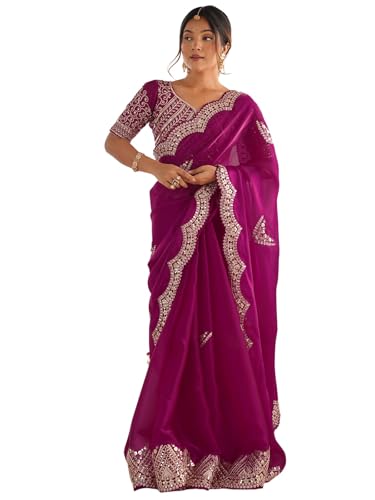 Image of Satrani Women's Tissue Silk Sequin Embroidery Scalloped Border Saree with Unstitched Blouse Piece