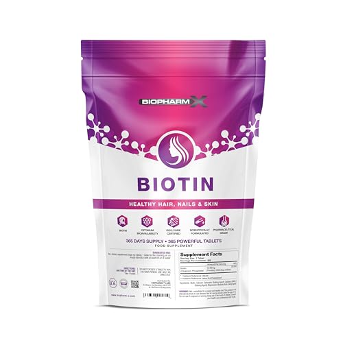 Biotin 10,000mcg Hair Growth Supplement (365 Vegan Tablets / 1 Year Supply) - High Strength Vitamin B7 for Hair, Skin & Nails - 100% Pure & GMP Certified