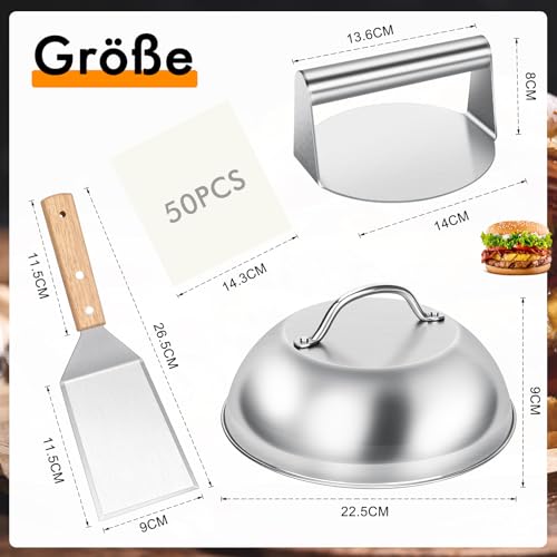 LEFUYAN Smash Burger Set 4-Teilig Burger-Set Edelstahl-Burgerpresse mit 50 Blatt Paraffinpapier Burgerglocke Melting Dome Burger Breite Spachtel Grill Zubehör für Outdoor und Indoor