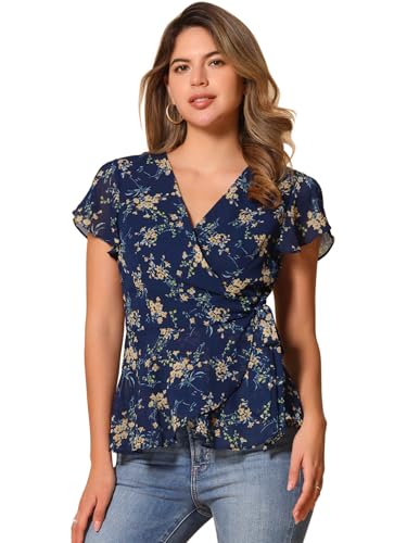 Allegra K Wrap Tops for Women's Floral Printed V Neck Slit Sleeve Tie Waist Peplum Blouse