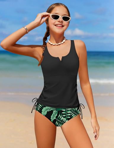 Girls Tankini Swimsuit Two Piece Bathing Suit Tropical Print V-Wire Drawstring Swimwear Set for Girls 9-16 Years2