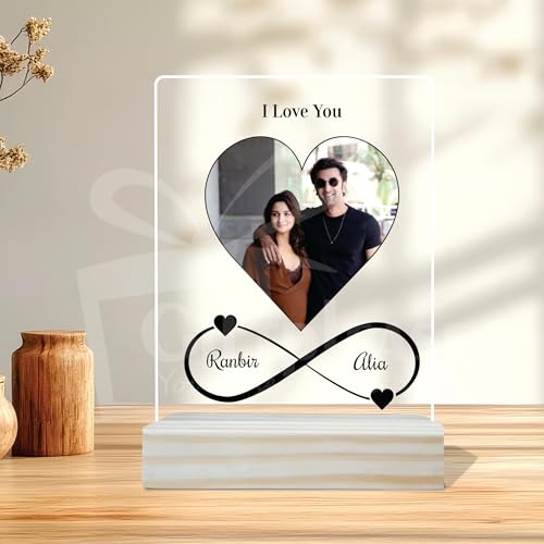 Image of Giftplease Customized Photo And Text Frame With Wooden Stand | Personalised Printed Photo Frame | Gift | Birthday | Anniversary (Transparent, 5MM, 6 * 8 Inches), Tabletop