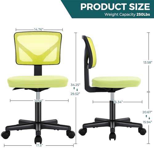 Image of DUMOS Small Desk Chair Armless, Ergonomic Adjustable Home Office Swivel Rolling Task Chair No Arms, Comfy Mesh Mid Back Computer Work Vanity Desk Chiars with Wheels for Small Spaces, Green