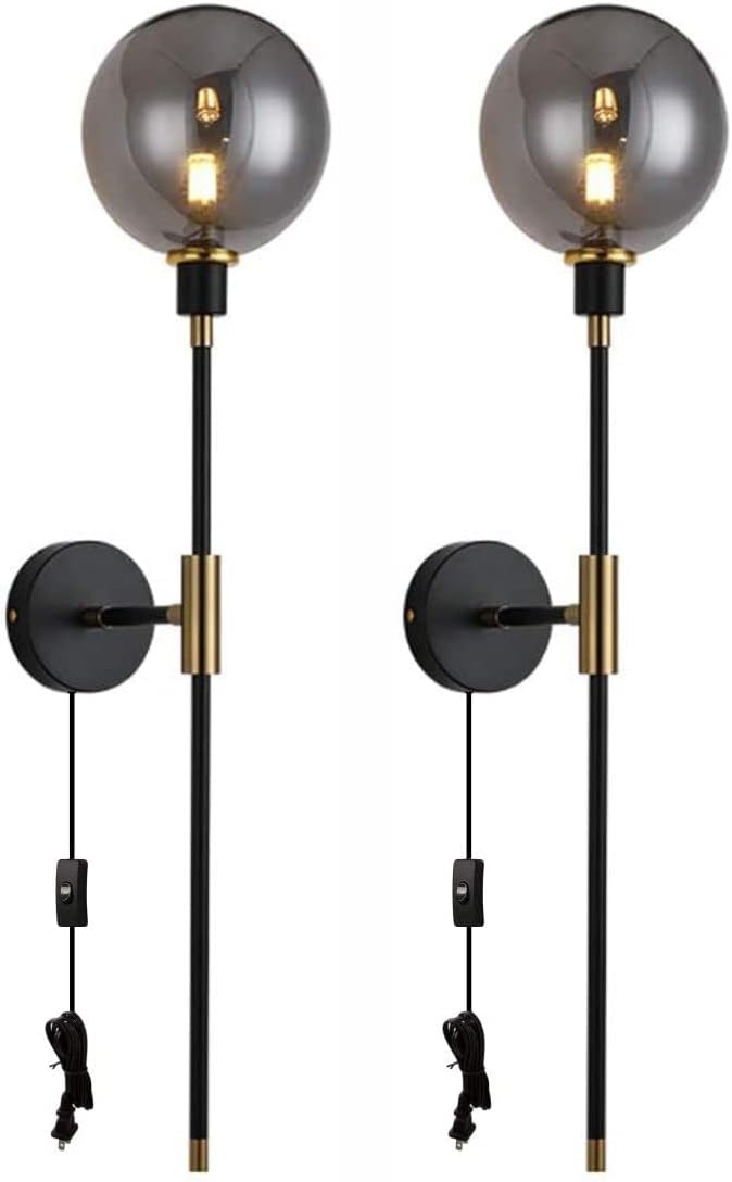 KCO KCOLighting 1-Light Sconces Wall Light Gold Black Modern Wall Mounted Sconce Globe Glass Shade Wall Lamp with Long Arm for Bedroom Hallway (Clear,2 Pack)