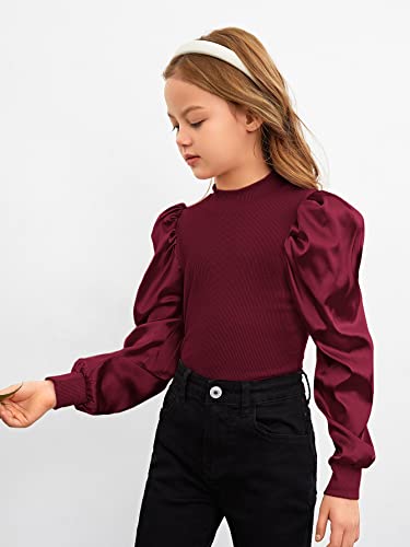 Floerns Girls Casual Puff Long Sleeve Round Neck Rib Knit Blouse Tee Tops Maroon 10Y #TOP4