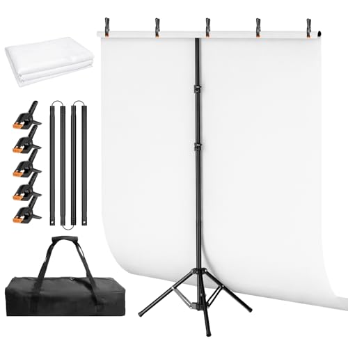Qoolfoto White Backdrop Stand Kit 5x6.5ft with T-Shaped Stand White Screen Background with Reverse Folding Base Portable Carrying Bag and 5 Clamps for Photography Streaming Gaming Video Recording