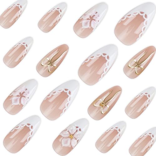 Image of 3D White Flower Press on Nails White French Tip Fake Nails Medium Almond False Nail with Gold Bow Design Reusable Glossy Full Cover Stick on Nail for Women Manicure 24Pcs