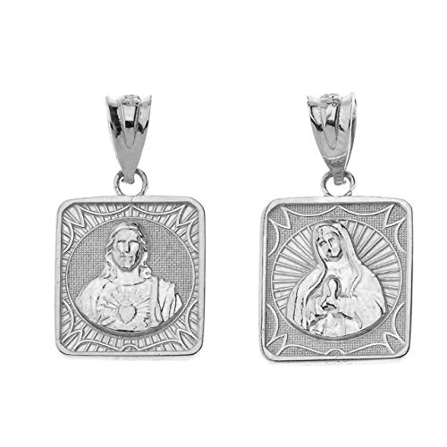 Claddagh Gold 925 Sterling Silver Immaculate Heart of Mary/Sacred Heart of Jesus Square Medal Reversible Necklace and Pendant Only4