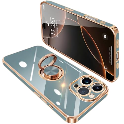 ONETIAOLONG For iPhone16 Pro �p �P�[�X �����O�t�� �A�C�t�H��16Pro�p �����O �J�o�[ �ϏՌ� TPU 360°��] �X�^���h�@�\ ���b�L���H �ԍڃz���_�[ �X�g���b�v�z�[���t�� 6.3�C���`(�O���[�u���[)