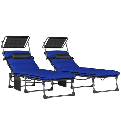 Outsunny Folding Sun Loungers Set of 2 with Canopy, 5-Position Reclining Garden Lounger, Side Pocket, Headrest, Cushions, Portable Recliner Sunbed with Carry Handle for Camping Beach Patio, Dark Blue