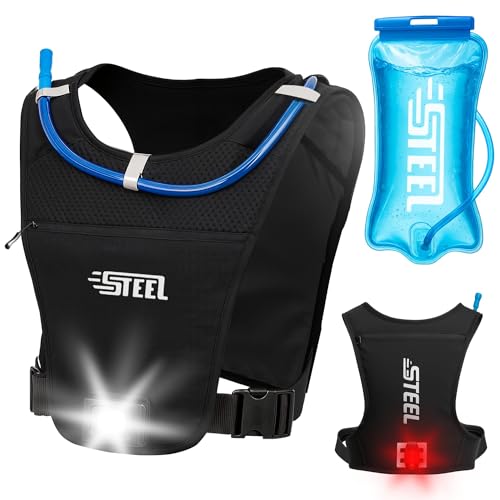 Gilet Running d'hydratation Réfléchissant - Lampe LED 300 lumens intégré, Ajustable, Gilet léger, Réservoir 2 Litres pour Randonnée, Trail, Running, Course à Pied, Marathon, Vélo - Homme et Femme