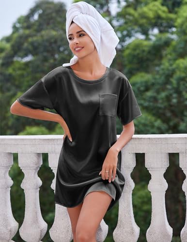 Image of Ekouaer Silk Sleep Shirts for Women Satin Nightshirt Tshirt Nightgown Short Sleeve Sleepwear Round Neck Shirt Dress With Chest Pocket Black S