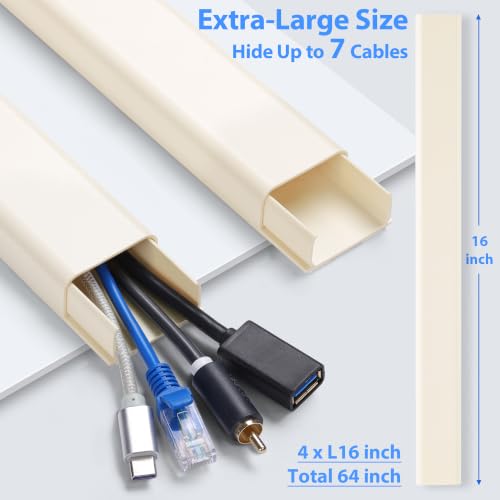 Image of ZhiYo 64 inch Cord Covers for 4-7 Wires on Wall, Beige, 1.54 inch W x 0.75 inch H | Paintable TV Cord Hider for Wall-Mounted TVs, Self-Adhesive Wire Cover for Walls, Easy Installation, 4 Pack (16 inch Each)