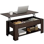 Yaheetech Lift Up Coffee Table, Wooden Lifting Coffee Table with Hidden Storage Drawer and Open Shelf, Space-saving Tea Tables for Living Room/Reception, Espresso