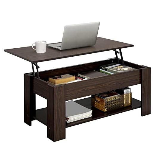 Yaheetech Lift Up Coffee Table, Wooden Lifting Coffee Table with Hidden Storage Drawer and Open Shelf, Space-saving Tea Tables for Living Room/Reception, Espresso