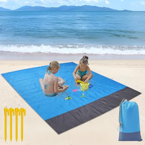WAYBWZDQ 210 x 200 cm Alfombras de Playa, Esterilla Playa con 4 Clavos de Fijación, Manta de Playa Antiarena Impermeable, Mantas de Picnic Portátil para Playa, Camping, Viajes Aire Libre
