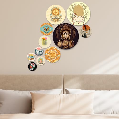 Image of RADIQORE Set of 11 Designer MDF Wooden Wall Hanging for Home Decoration | Office | Gift | Wall Decor Hanging Items | Wall Art | Living Room | Bedroom (budha)