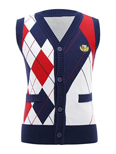 Kids Boys Sleeveless Sweater Vest Plaid Button Down Cardigan School Uniform V-Neck Casual Waistcoat3