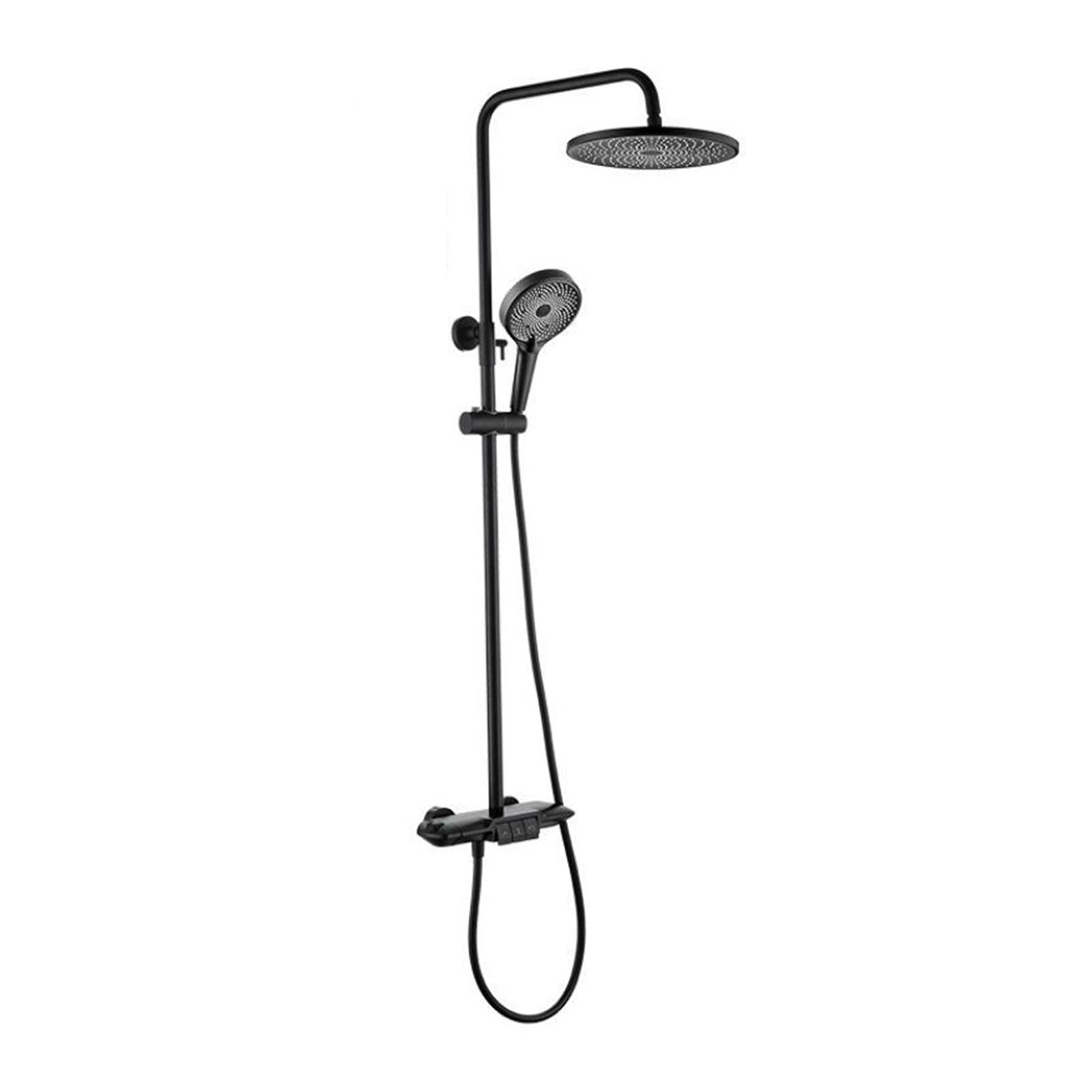 WOTZOV Thermostatic Rain Shower System Mixer Faucet Sets Black Triple Function Combo Set With Head, Handheld, Waterfall Bathtub