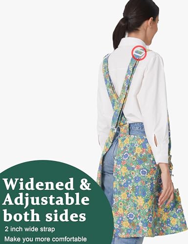 Image of Cozy Adjustable Cross Back Aprons for Women with Pockets Cotton Linen Cooking Kitchen Baking