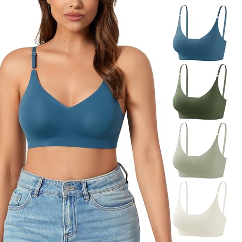 DEANGELMON V Neck Bra Padded Seamless Adjustable Straps Bralettes Everyday Basic Sleeping Bras Multiple Pack